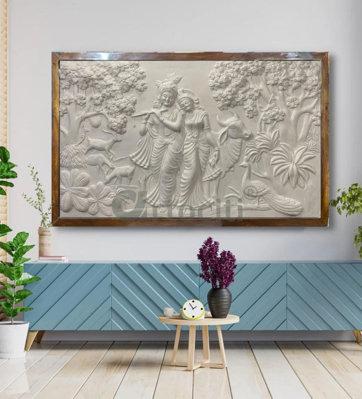 5x3 Feet Radha Krishna 3D Elevation Sculpture Relief Mural Wall Art White / Framed (Ready to Hang) / 5x3 Feet