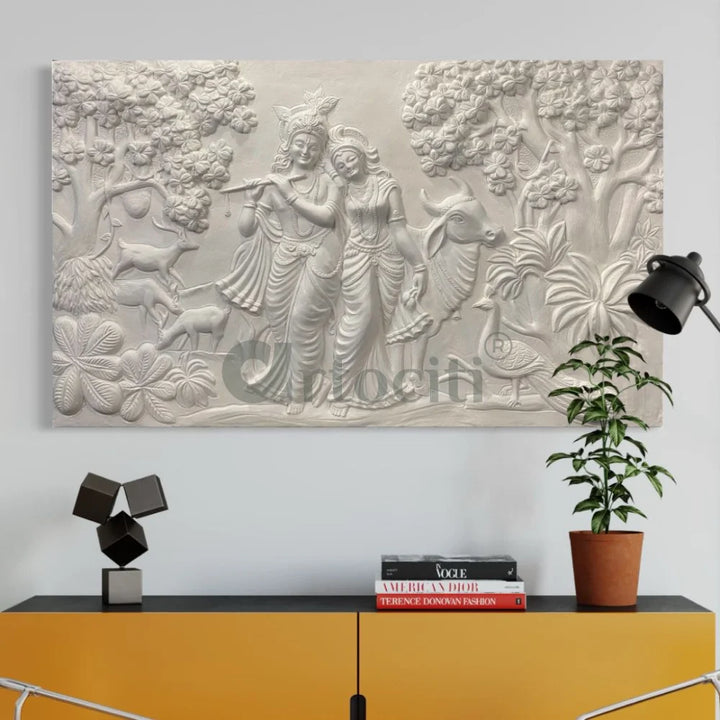 5x3 Feet Radha Krishna 3D Elevation Sculpture Relief Mural Wall Art White / Frameless (Ready to Hang) / 5x3 Feet