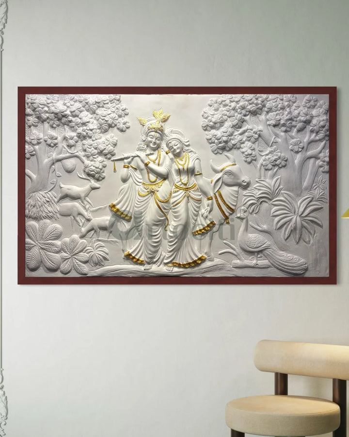 5x3 Feet Radha Krishna 3D Elevation Sculpture Relief Mural Wall Art White with golden Highlight / Framed (Ready to