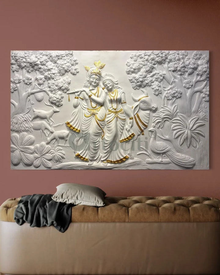 5x3 Feet Radha Krishna 3D Elevation Sculpture Relief Mural Wall Art White with golden Highlight / Frameless (Ready to