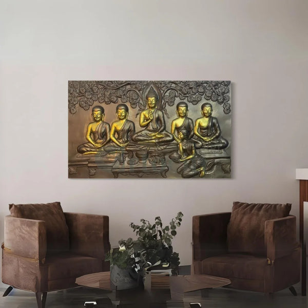 5x3 Feet Sitting Buddha with his disciples 3D Relief Mural Golden Buddha Wall Decor