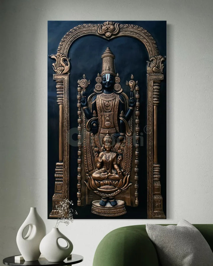 5x3 Feet Tirupati Balaji with Goddess Lakshmi 3D Wall Art Relief Mural