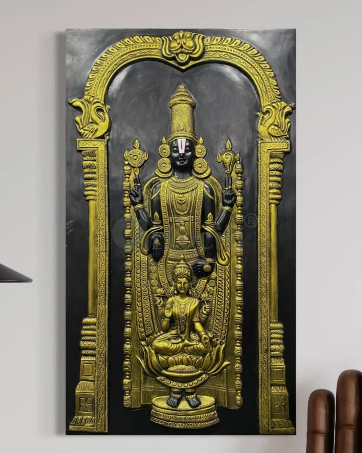 5x3 Feet Tirupati Balaji with Goddess Lakshmi 3D Wall Art Relief Mural Gold