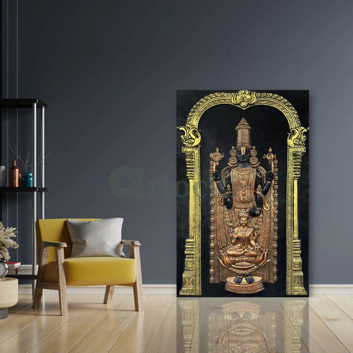 5x3 Feet Tirupati Balaji with Goddess Lakshmi 3D Wall Art Relief Mural Golden Bronze