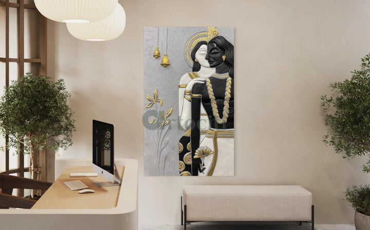 5x3 Ft Abstract Radha Krishna 3D Relief Mural Wall Art 5X3 Feet / Black