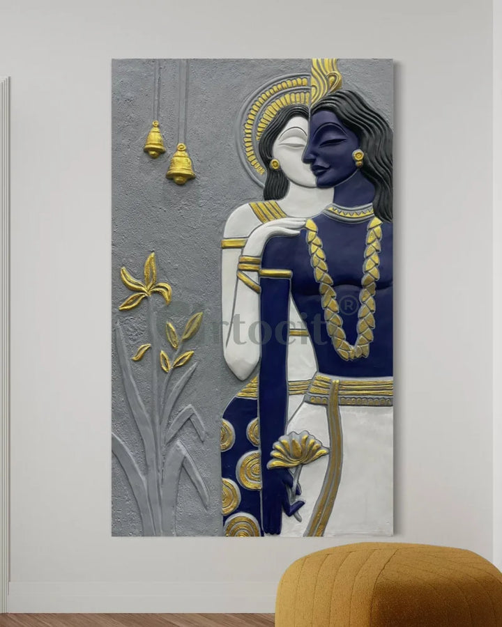 5x3 Ft Abstract Radha Krishna 3D Relief Mural Wall Art 5X3 Feet / Blue