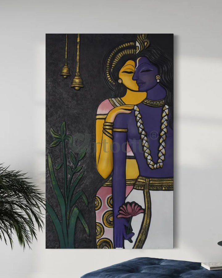 5x3 Ft Abstract Radha Krishna 3D Relief Mural Wall Art 5X3 Feet / Multicolor