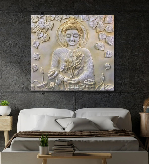 5x4.5 Feet Large size 3D Buddha with Chakra Relief Mural Wall Art Cream Yellow Buddha Wall Decor
