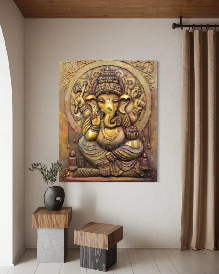 5X4 Feet Sitting Ganesha 3D Relief Mural Wall Art