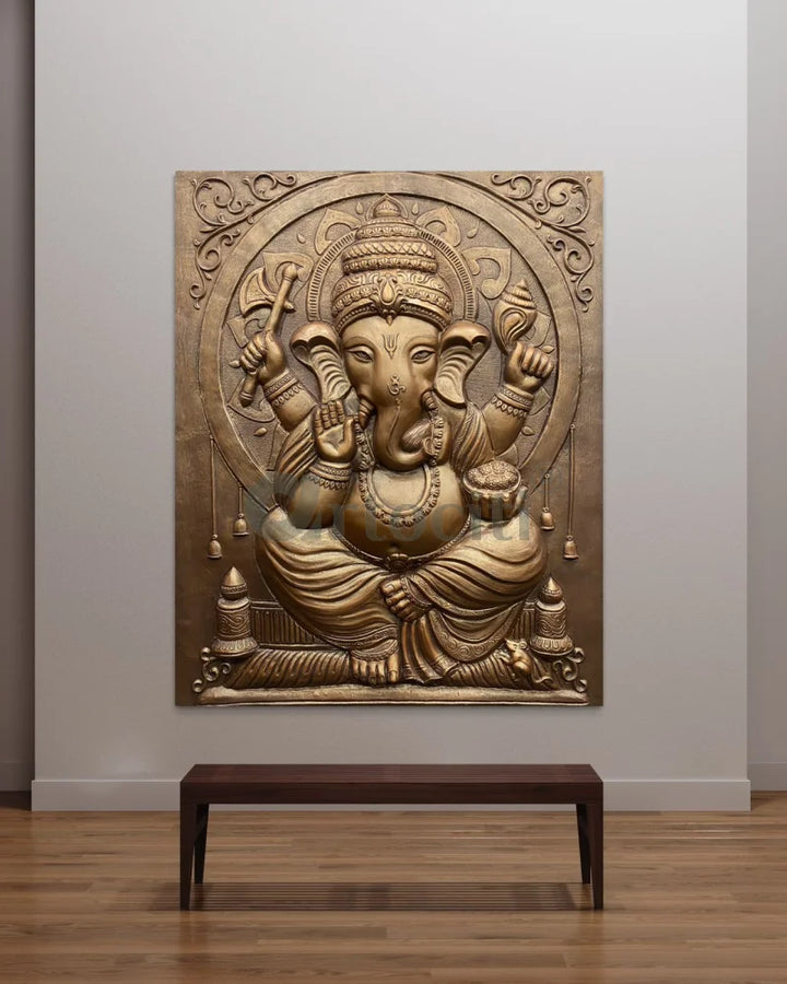 5X4 Feet Sitting Ganesha 3D Relief Mural Wall Art Left Facing Trunk / Bronze