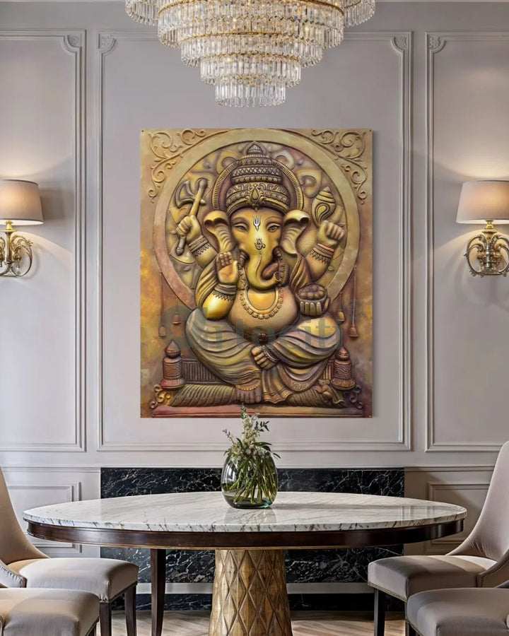 5X4 Feet Sitting Ganesha 3D Relief Mural Wall Art Left Facing Trunk / Multi