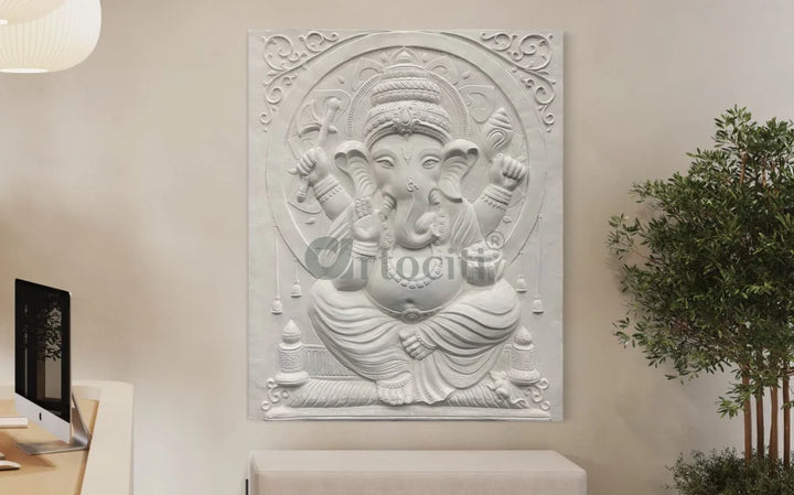 5X4 Feet Sitting Ganesha 3D Relief Mural Wall Art Left Facing Trunk / White