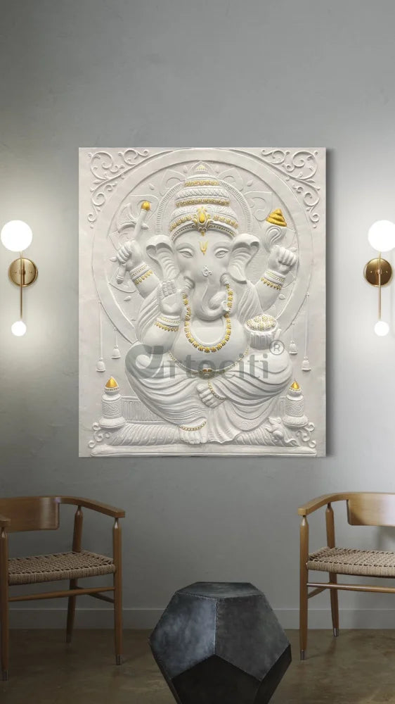 5X4 Feet Sitting Ganesha 3D Relief Mural Wall Art Left Facing Trunk / White With golden Highlight