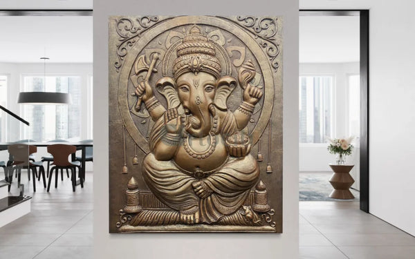 5X4 Feet Sitting Ganesha 3D Relief Mural Wall Art Right Facing Trunk / Bronze
