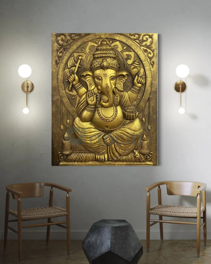 5X4 Feet Sitting Ganesha 3D Relief Mural Wall Art Right Facing Trunk / Golden