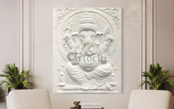 5X4 Feet Sitting Ganesha 3D Relief Mural Wall Art Right Facing Trunk / White