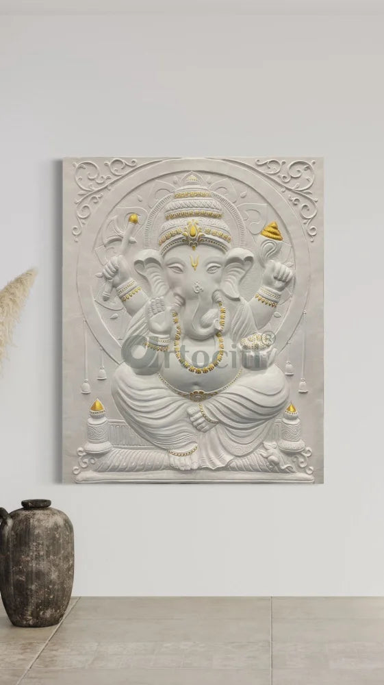 5X4 Feet Sitting Ganesha 3D Relief Mural Wall Art Right Facing Trunk / White With golden Highlight