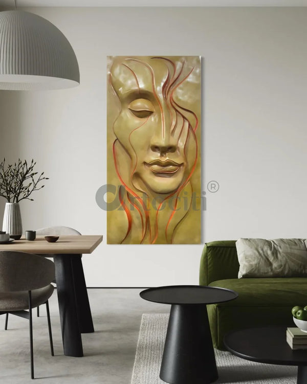 6X3 Feet Modern Stylized Face Relief Mural Wall Art 6X3 FEET / OCHRE