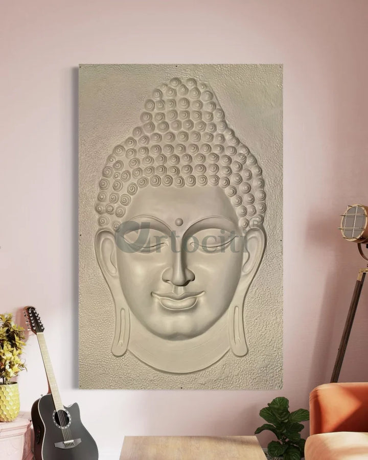 6X4 Feet Buddha Face Relief Mural Wall Art | Golden Bronze White