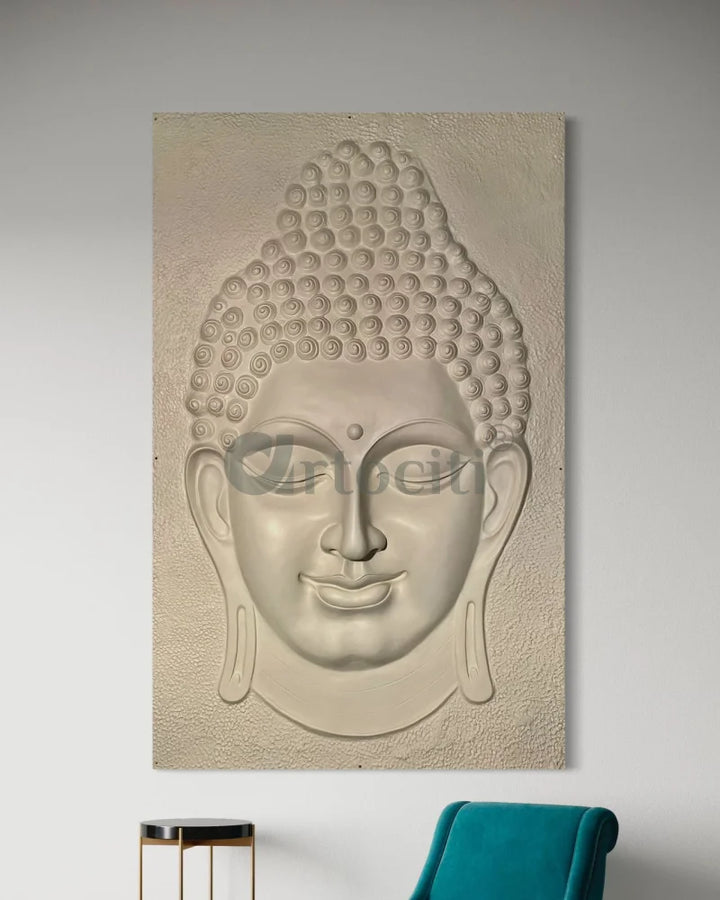 6X4 Feet Buddha Face Relief Mural Wall Art | Golden Bronze White