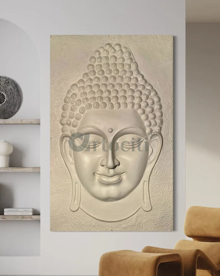 6X4 Feet Buddha Face Relief Mural Wall Art | Golden Bronze White