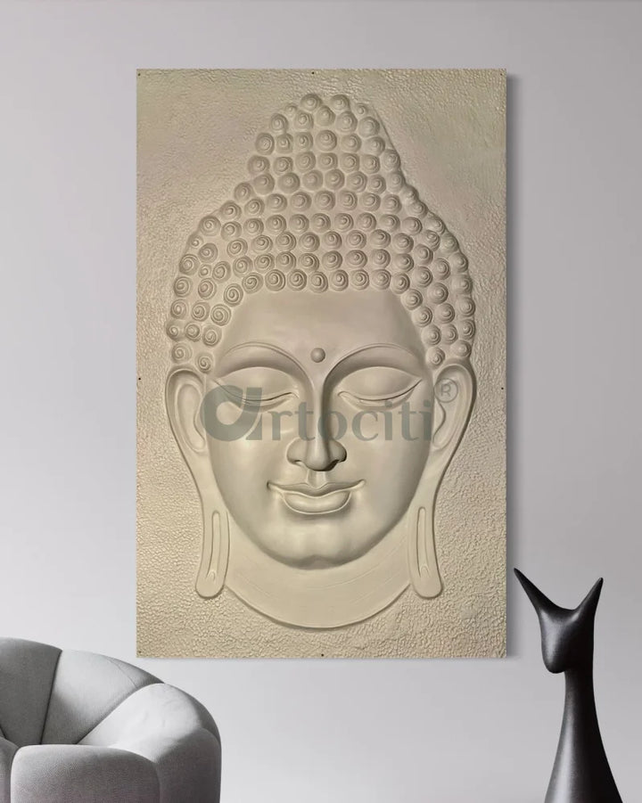 6X4 Feet Buddha Face Relief Mural Wall Art | Golden Bronze White