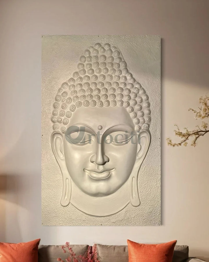 6X4 Feet Buddha Face Relief Mural Wall Art | Golden Bronze White 6X4 Feet / Cream