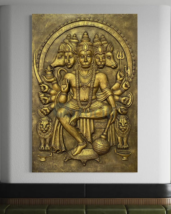 6X4 Feet Panchmukhi Hanuman 3D Relief Mural Wall Art Golden / 6X4 Feet Panchmukhi Hanuman