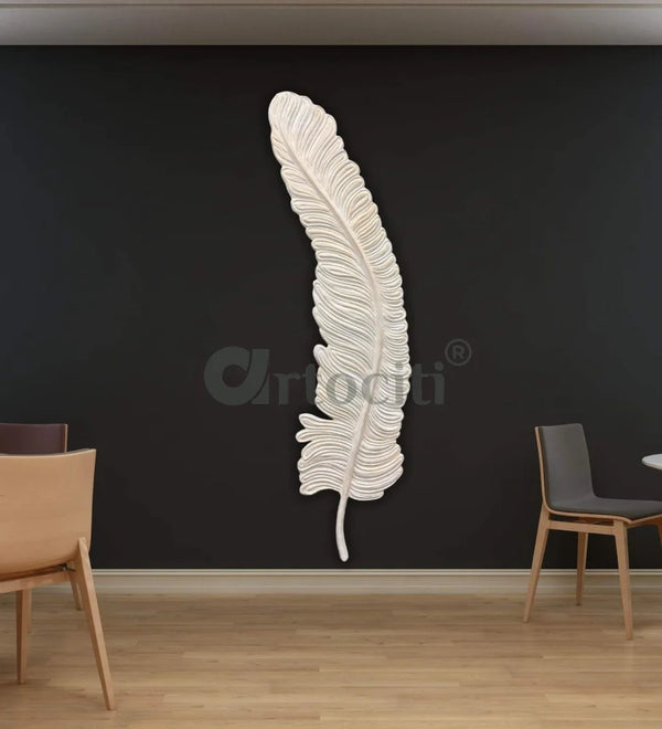 7 Feet Feather 3D Abstract Relief Mural Wall Art | LED Light Installed Set of 1 / 7 Feet / White with Golden HIghlights