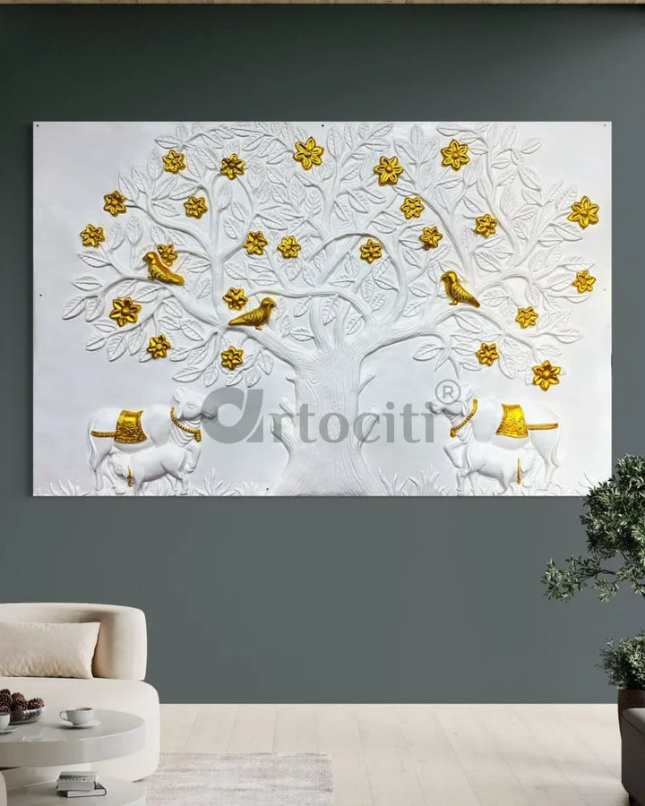 7X4.5 Feet Pichwai Cow and Tree of Life 3d Relief Mural