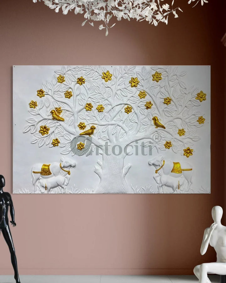 7X4.5 Feet Pichwai Cow and Tree of Life 3d Relief Mural