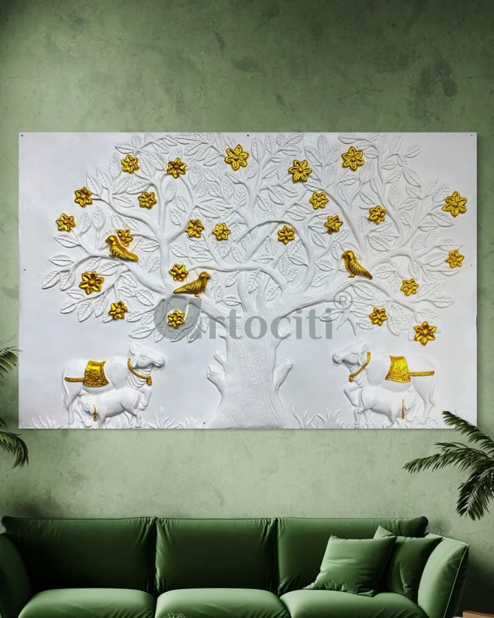 7X4.5 Feet Pichwai Cow and Tree of Life 3d Relief Mural