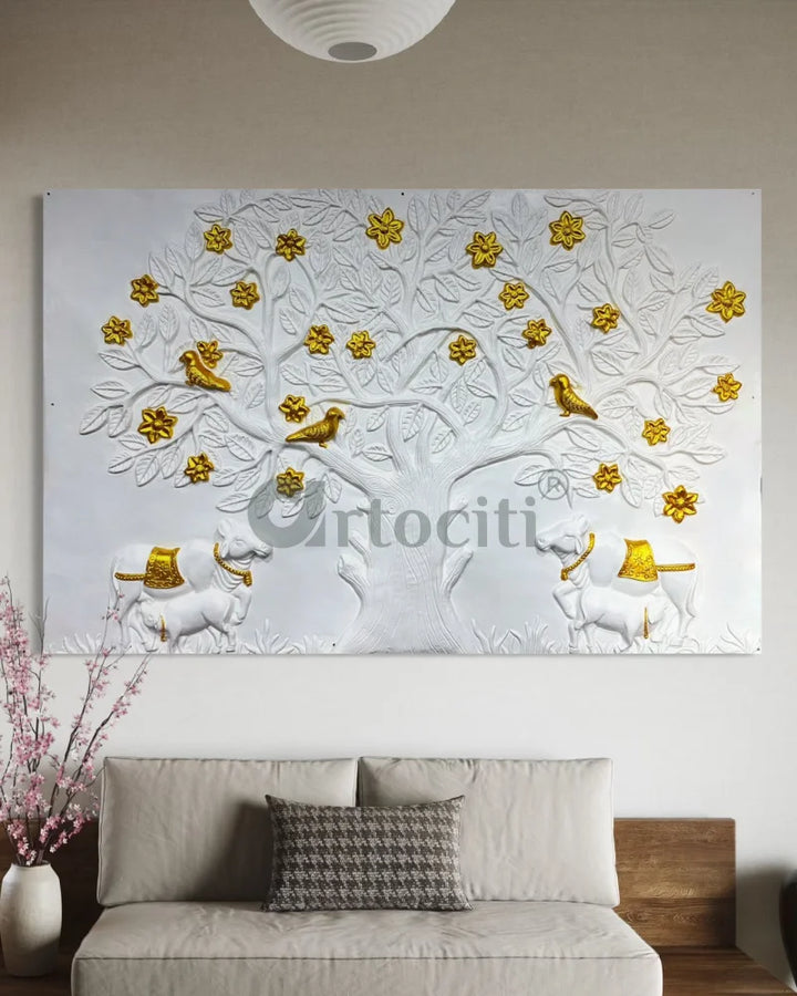 7X4.5 Feet Pichwai Cow and Tree of Life 3d Relief Mural