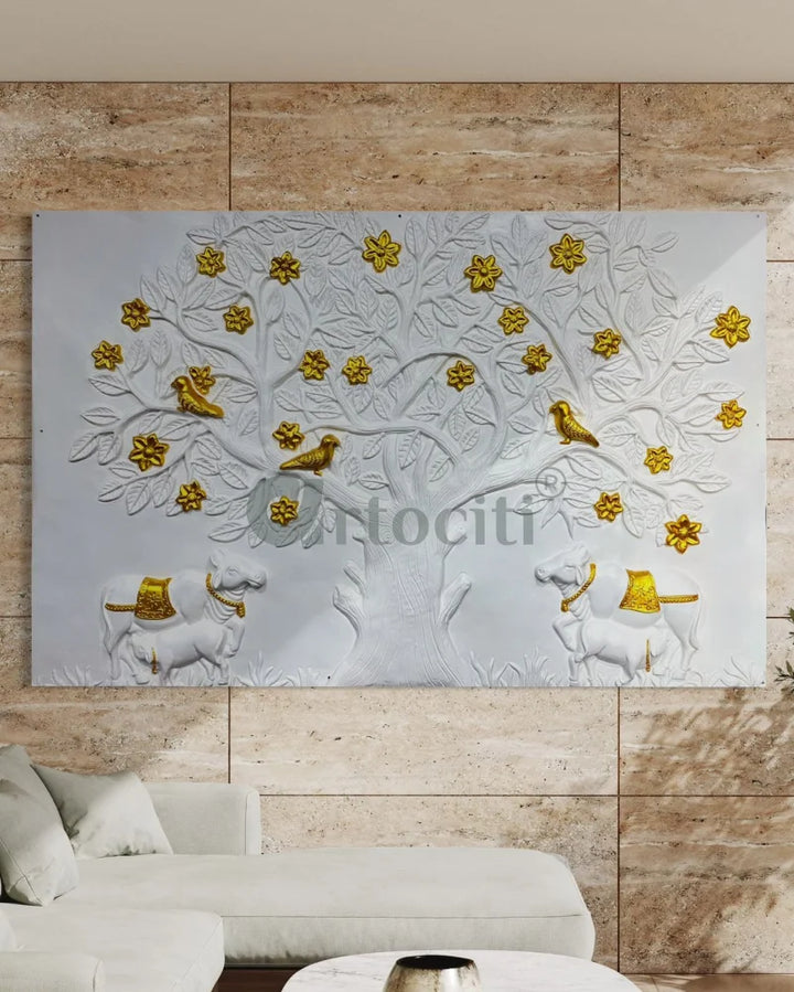 7X4.5 Feet Pichwai Cow and Tree of Life 3d Relief Mural