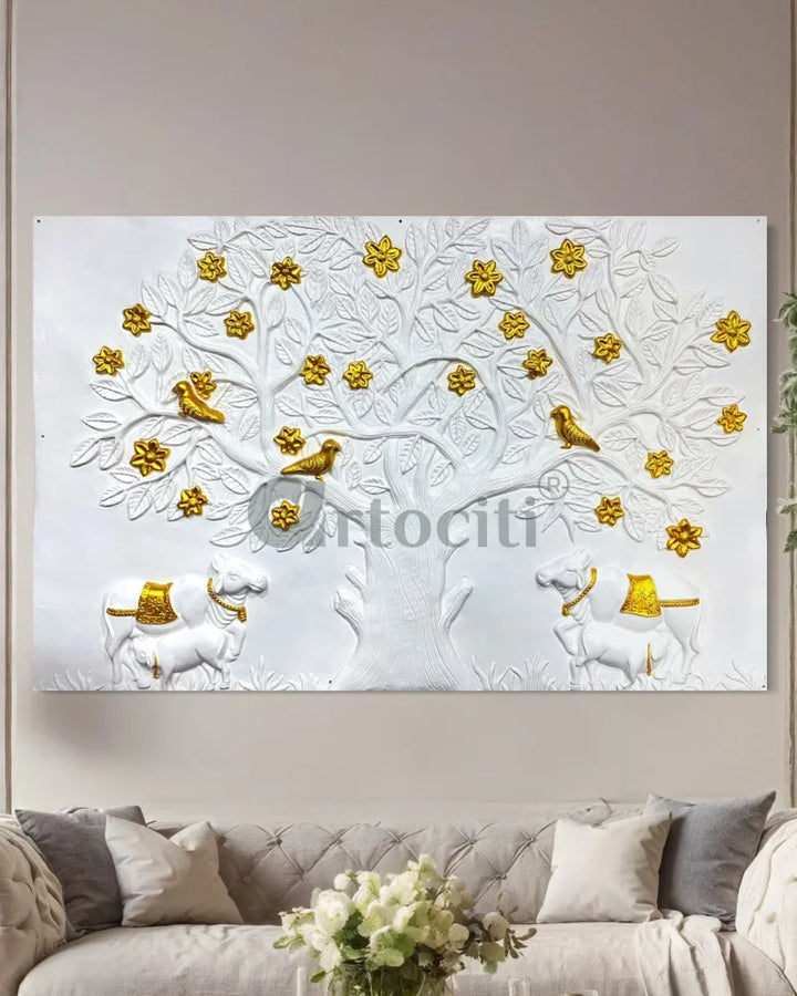 7X4.5 Feet Pichwai Cow and Tree of Life 3d Relief Mural 7X4.5 Feet / White with Golden Highlight