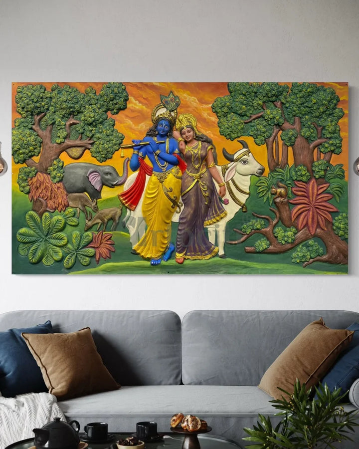 7x4 Feet Radha Krishna 3D Elevation Sculpture Relief Mural Wall Art
