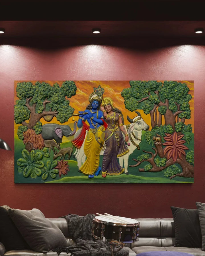 7x4 Feet Radha Krishna 3D Elevation Sculpture Relief Mural Wall Art