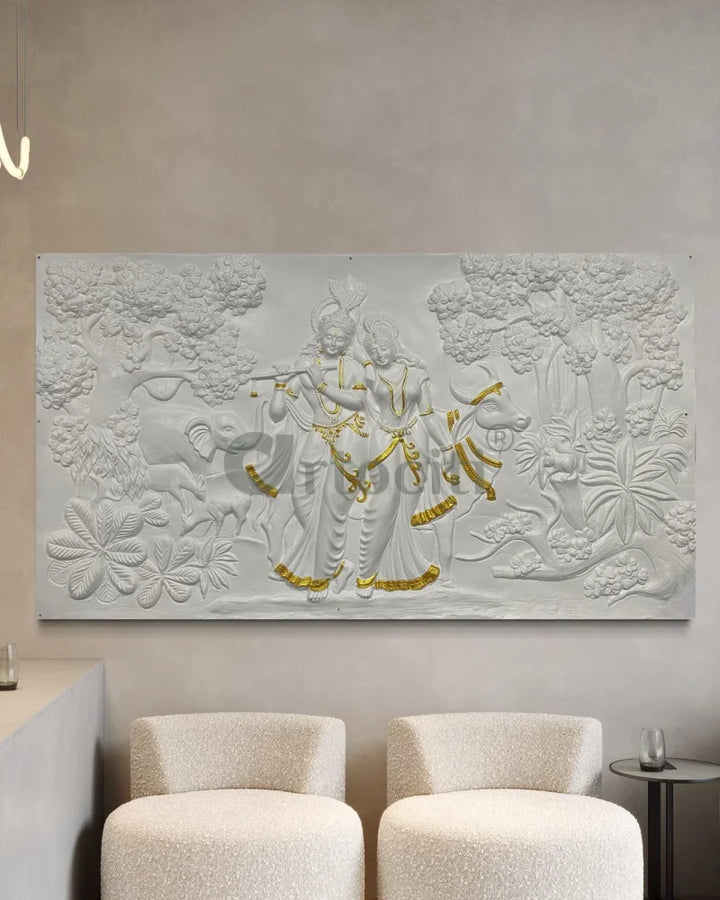 7x4 Feet Radha Krishna 3D Elevation Sculpture Relief Mural Wall Art