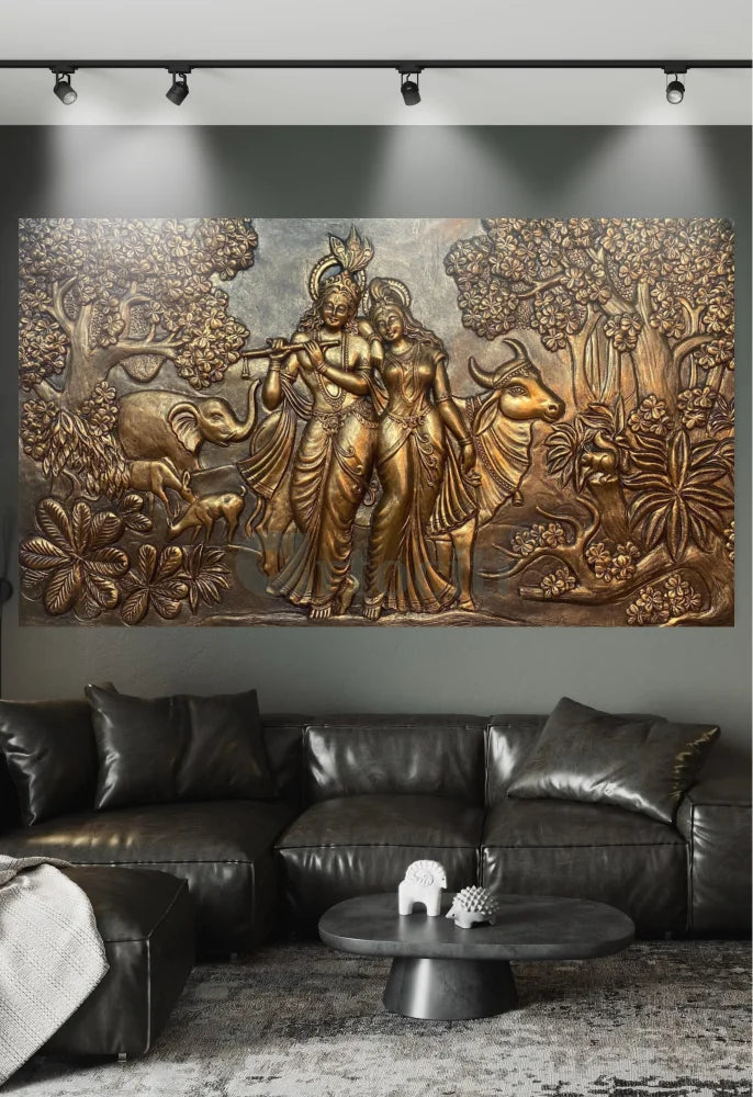 7x4 Feet Radha Krishna 3D Elevation Sculpture Relief Mural Wall Art