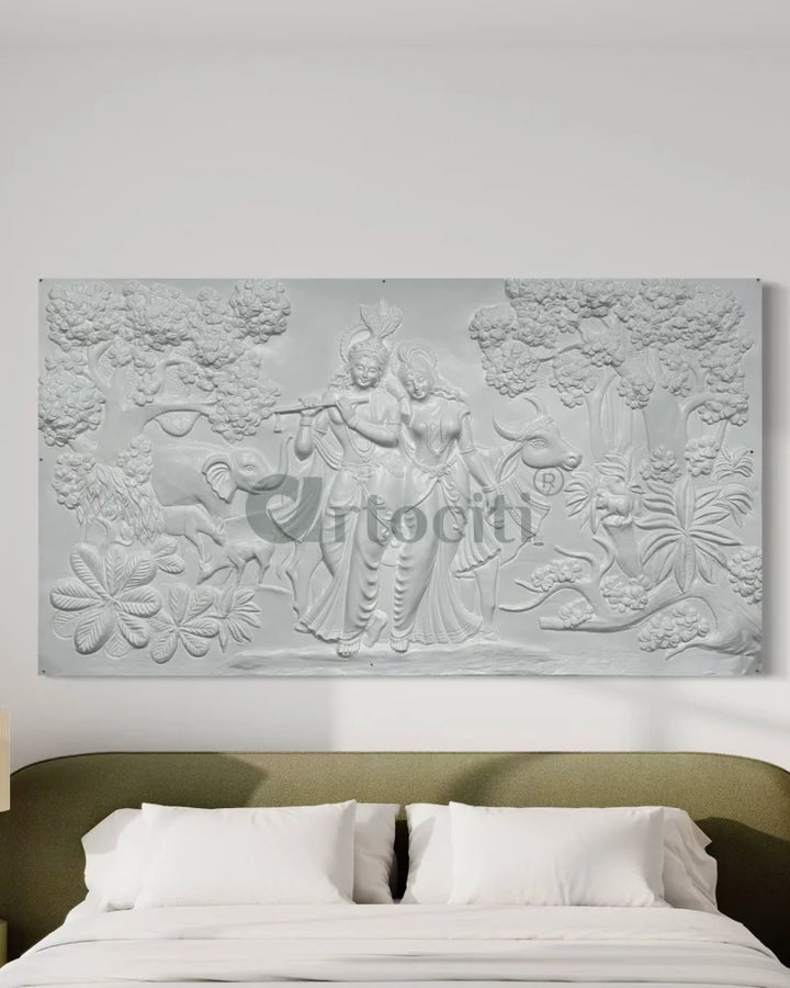 7x4 Feet Radha Krishna 3D Elevation Sculpture Relief Mural Wall Art