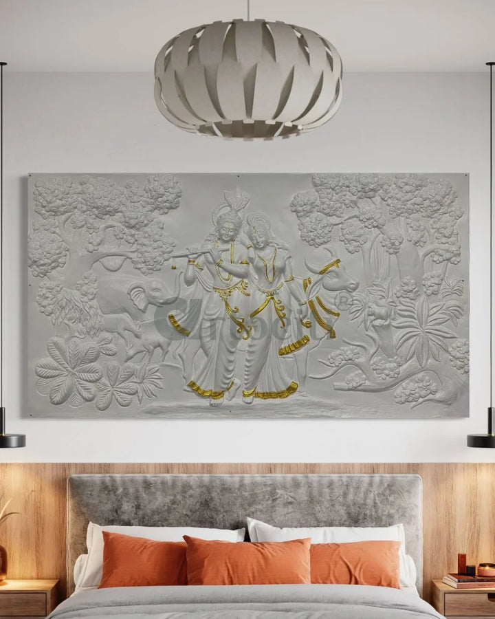 7x4 Feet Radha Krishna 3D Elevation Sculpture Relief Mural Wall Art