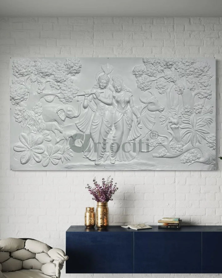 7x4 Feet Radha Krishna 3D Elevation Sculpture Relief Mural Wall Art