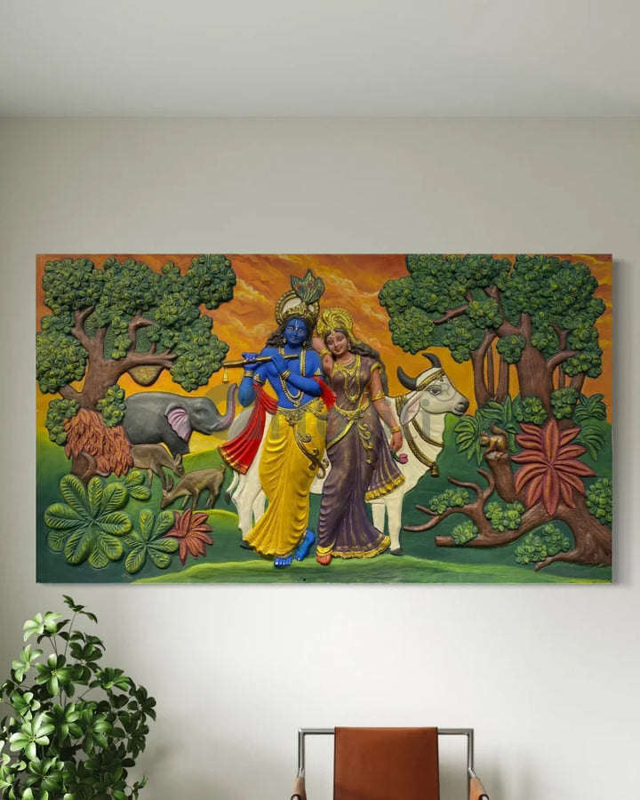 7x4 Feet Radha Krishna 3D Elevation Sculpture Relief Mural Wall Art