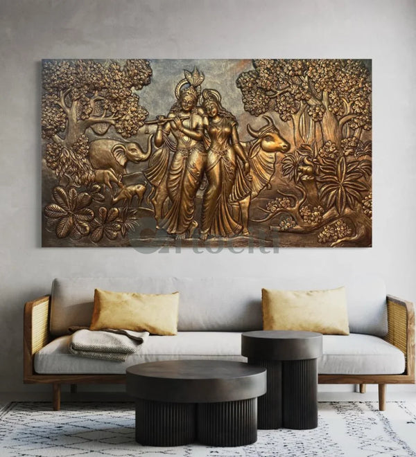 7x4 Feet Radha Krishna 3D Elevation Sculpture Relief Mural Wall Art Bronze