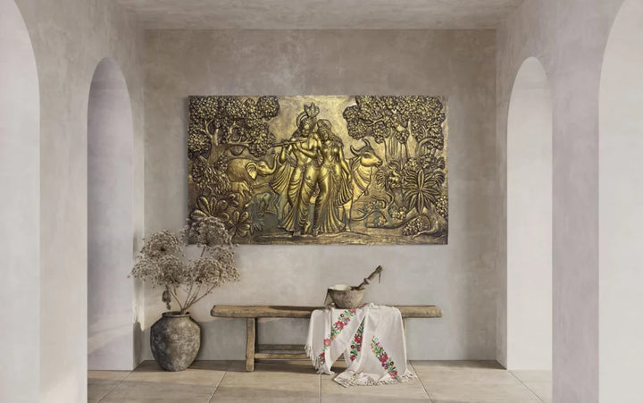 7x4 Feet Radha Krishna 3D Elevation Sculpture Relief Mural Wall Art Golden