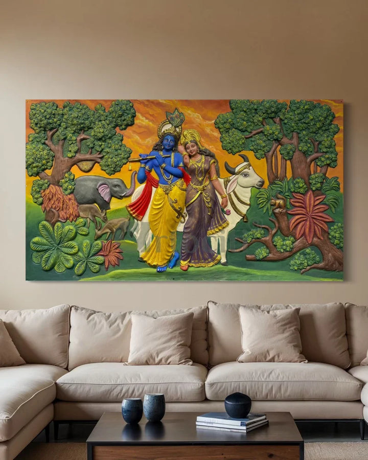 7x4 Feet Radha Krishna 3D Elevation Sculpture Relief Mural Wall Art Multi
