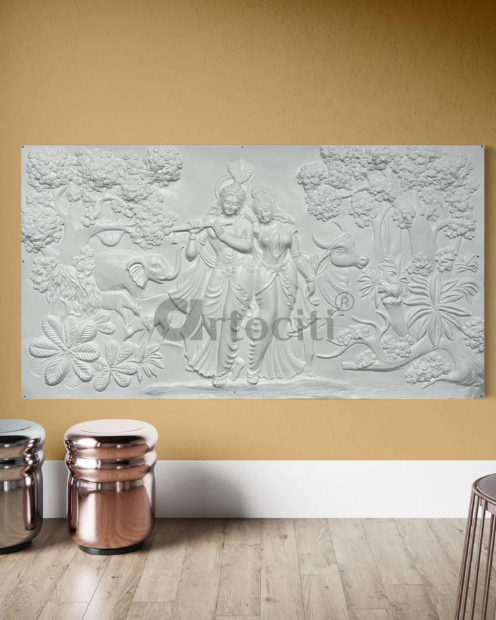 7x4 Feet Radha Krishna 3D Elevation Sculpture Relief Mural Wall Art White