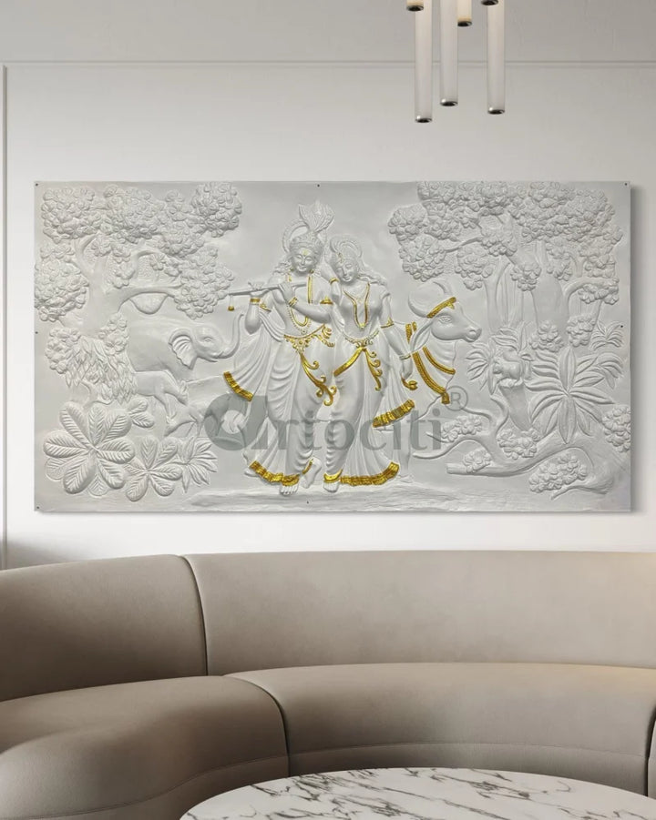 7x4 Feet Radha Krishna 3D Elevation Sculpture Relief Mural Wall Art White with golden highlight