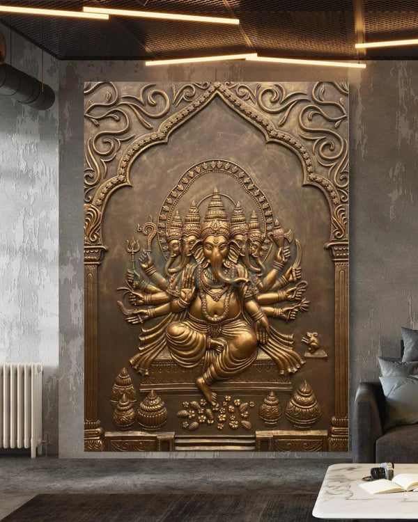 7X5 Feet Panchmukhi Ganesha 3D Relief Mural Wall Art 7X5 Feet / Bronze