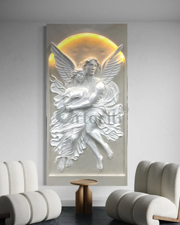 8x4 Feet European Couple 3D Relief Mural with LED Light Installed 8X4 FEET / Beige & White